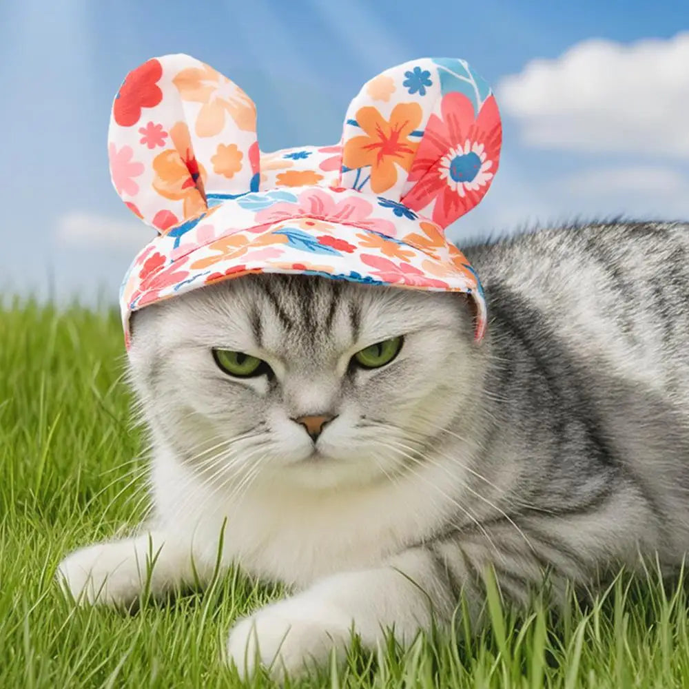 Pet Hats  With Ear Holes Cat Ears Flower Stripe Bucket Hat Dogs Breathable Fisherman Cap Adjustable Puppy Kitten Sun Hat Soft