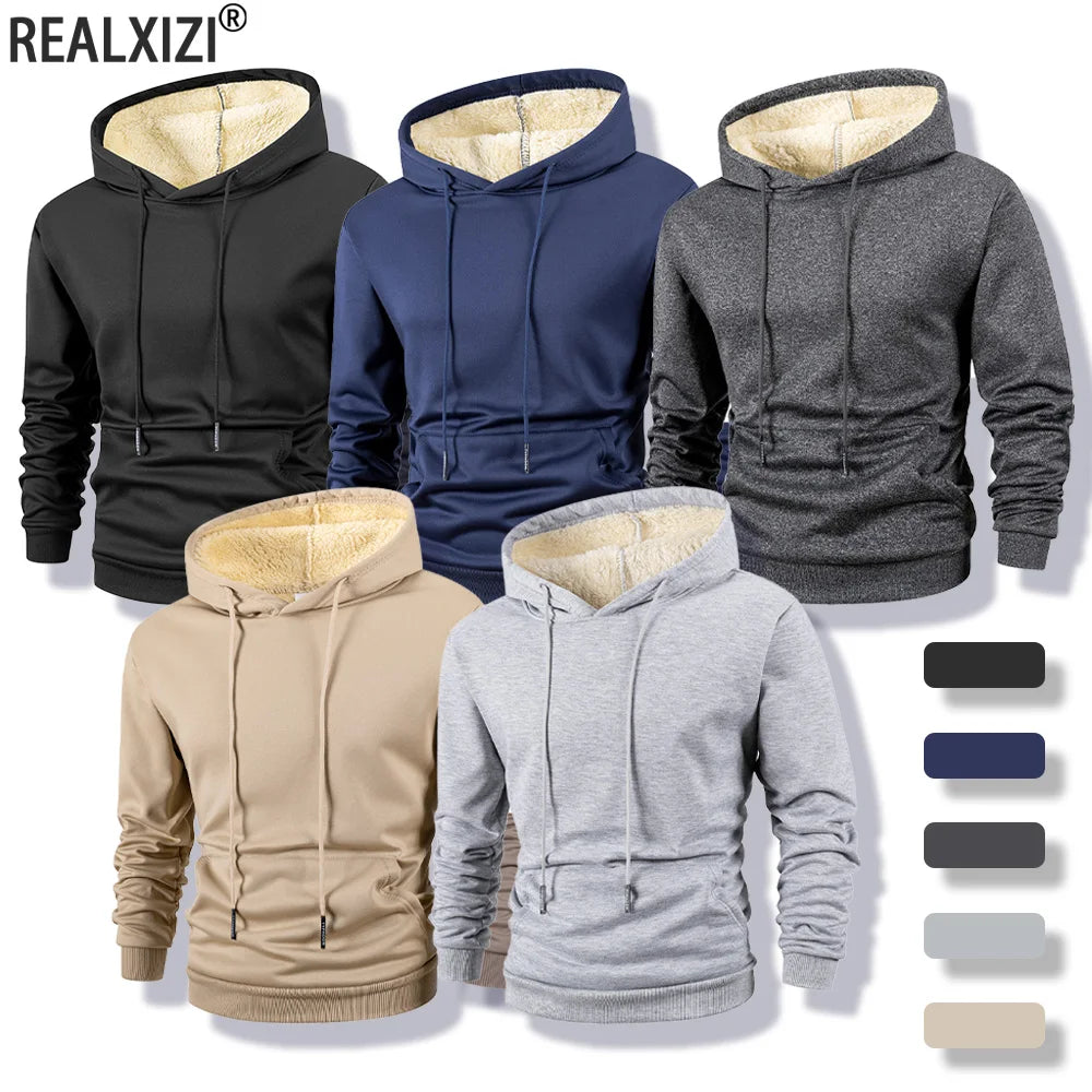 Winter Men's Hoodies Solid Color Casual Warm Pullover Warm Thicken Lamb Wool Hoodies Sweatshirts Loose Sport Long Sleeve Tops