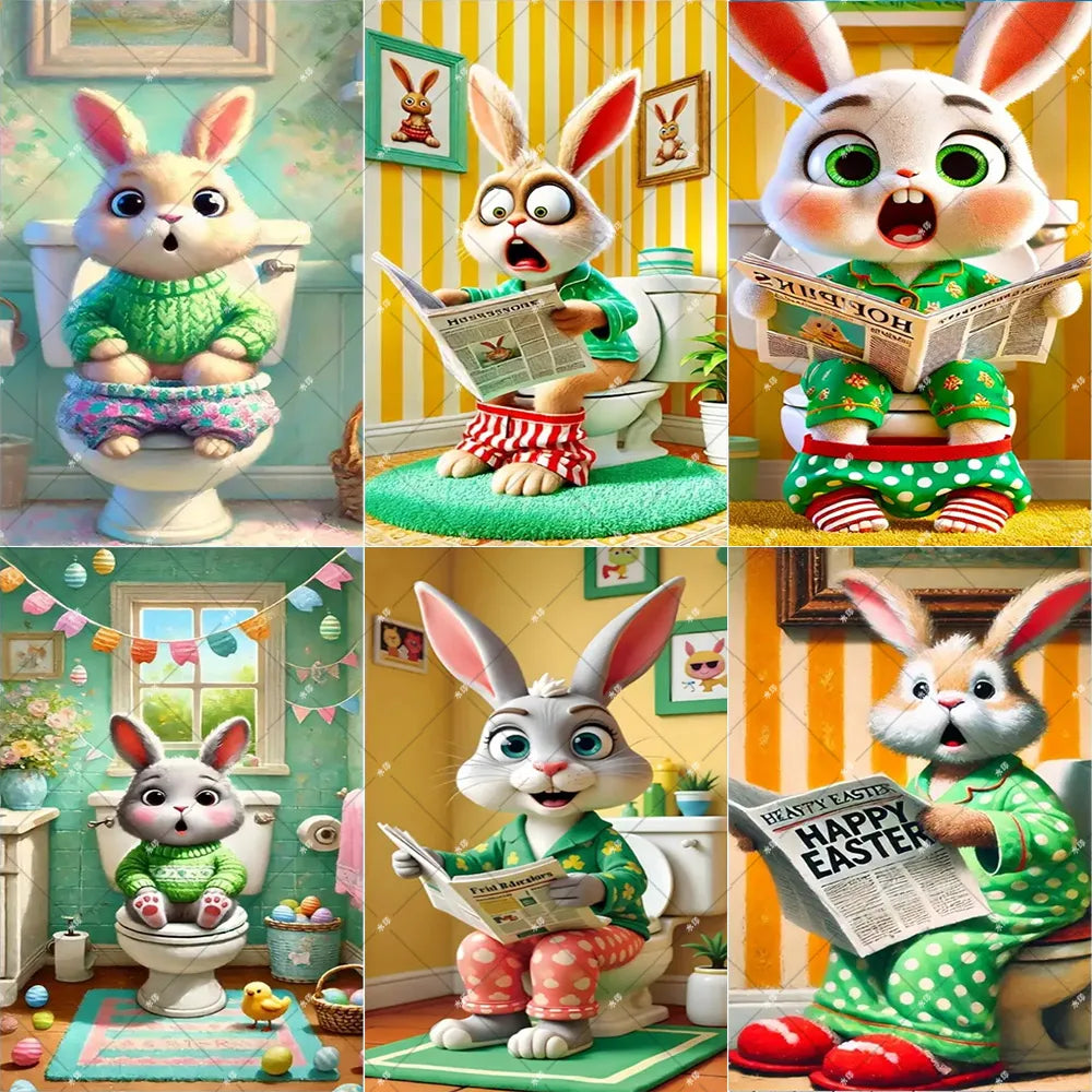 Spring Easter Theme Charming Rabbit On The Toilet Grass Flower Eggs Door Banner Cover Backdrop Easter Festival Party Porch Decor