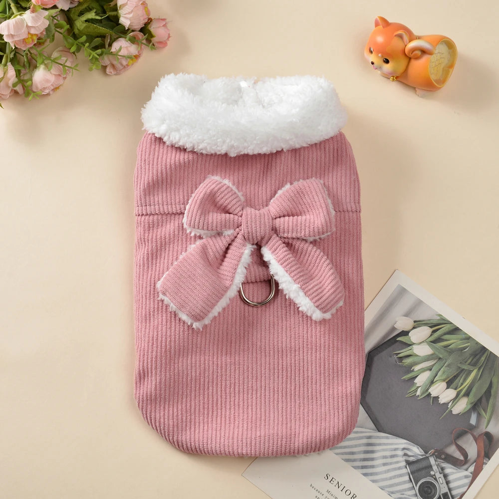 Winter Pet Dog Clothes For Small Dogs Cat Cozy Fleece Puppy Jacket Coat With D-ring Cute Bow Yorkie French Bulldog Vest Overalls