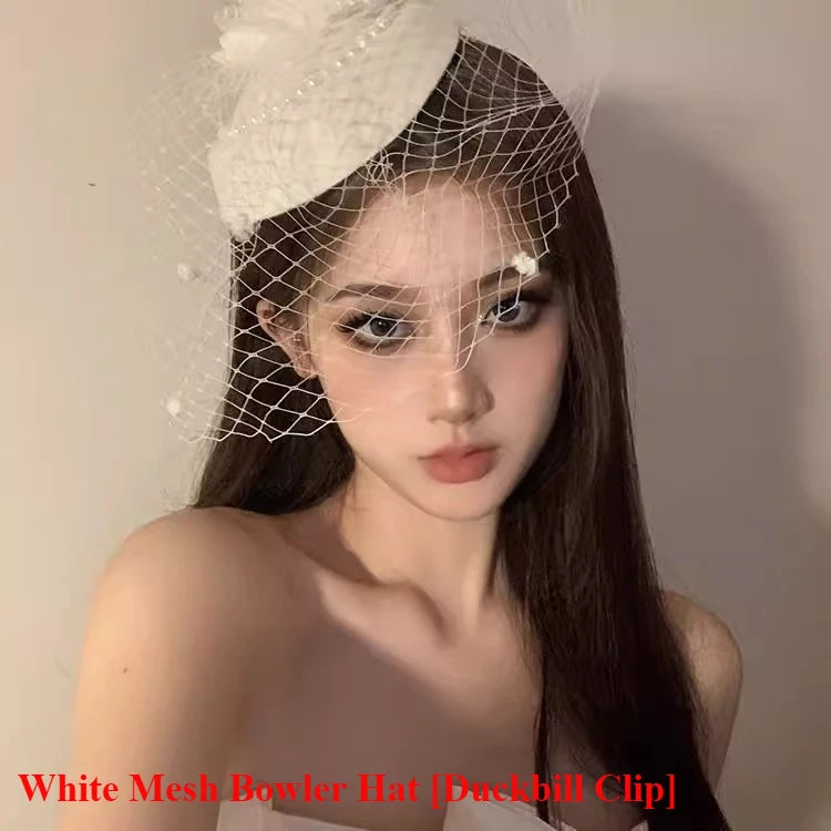 Gothic Subcultur Lace Bow Veil Small Fedoras Hats for Women Harajuku Lolita Feather Floral Fascinator Headband Hat Accessories