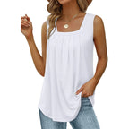Summer Tank Tops for Women Loose Fit Pleated Square Neck Sleeveless Tops Curved Hem Flowy