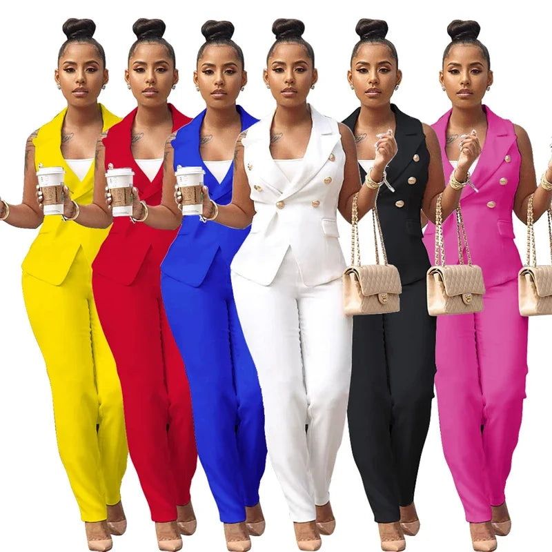 Business Work Wear Two Piece Pant Suits for Women Sets Elegant Sleeveless Blazer Top and Pencil Pants Office Lady Matching Sets