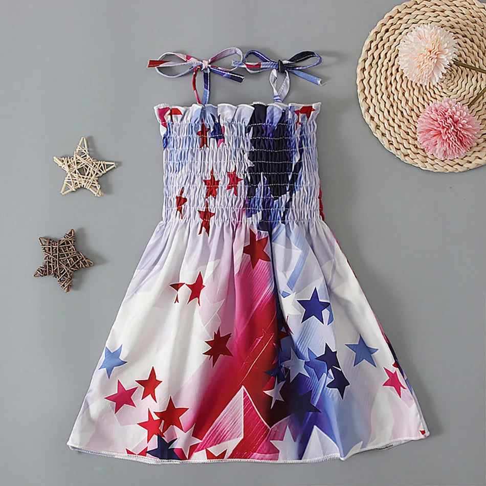 Charming 4th of July Summertime Girls Casual Dresses Sling Patriotic Pattern and Cartoon Printed Playful Butterflies and Stars