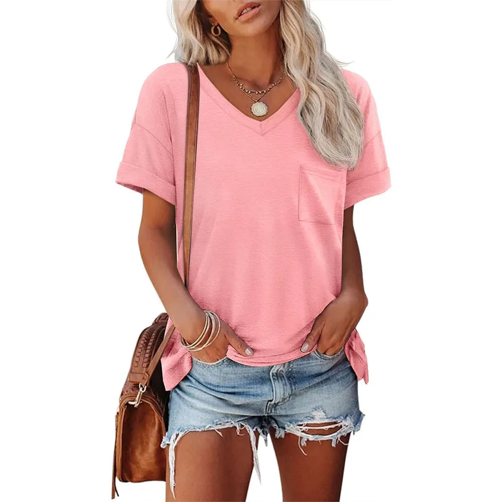 Womens T Shirts 2025 Short Sleeve V-Neck Shirts Cute Fit Summer Casual Tee Tops S-XXL