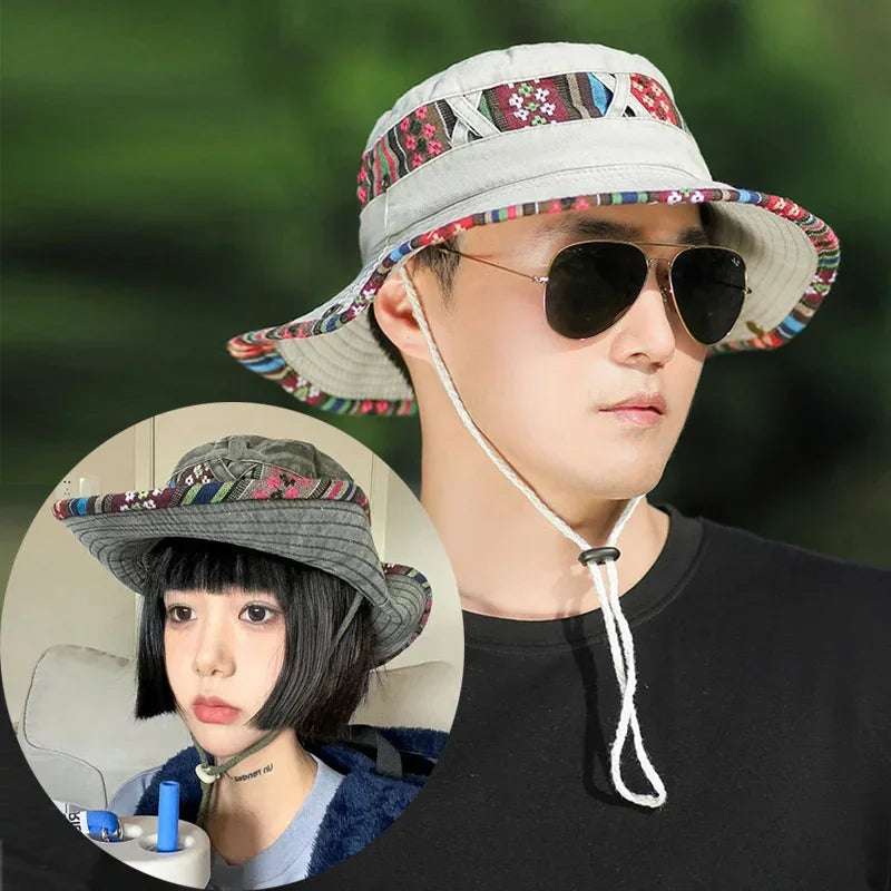 Summer Bucket Hats Retro Printing Cowboy Cap Men Women Outdoor Fishing Hiking Hat Anti UV Sun Caps Cotton Wide Brim Panama Hat