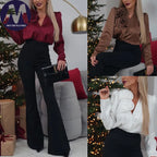 Women's Blouse Spring Autumn New Elegant Long Sleeves V Neck Flower Shirt Fashionable Casual Loose Satin Women Shirt Tops