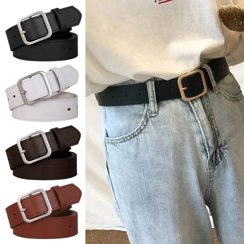 Leather Belt For Women Square Buckle Pin Buckle Jeans Black Belt Chic Luxury Brand Fancy Vintage Strap Female Waistband