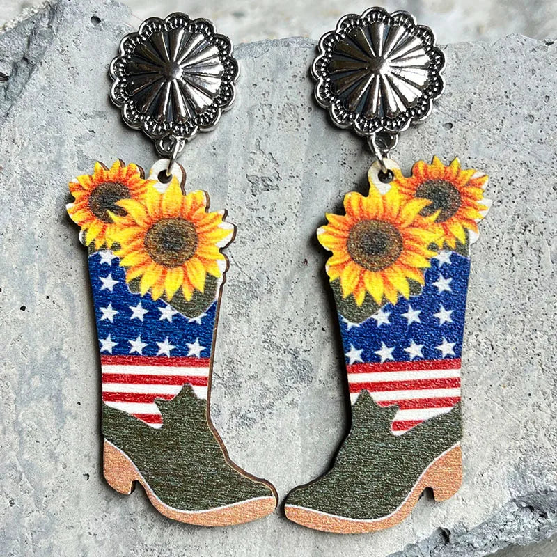 New American Independence Day Earrings July 4th Festival Decoration Western Cowboy Sun Flower Boots Cowhead Hat Wooden Ear Rings