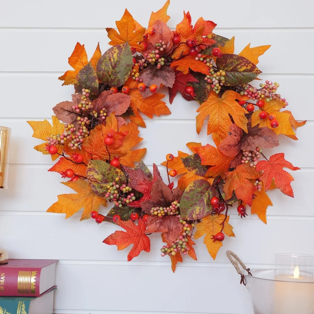 50cm Fall Wreath with Autumn Leaves and Berries for Front Door Decoration for Thanksgiving and Seasonal Display