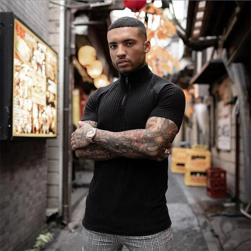 Gym Polo Shirt Men Fashion Turn Neck Short Sleeve Knitted Polos Sports Slim Fit Fitness Bodybuilding Workout Summer Clothing