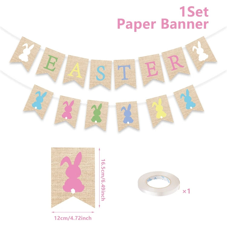 Easter Cute Rabbit Jute Banner Garland Burlap Linen Flag 2025 Happy Easter Party Home Wall Hanging Decoration Supplies Kids Gift