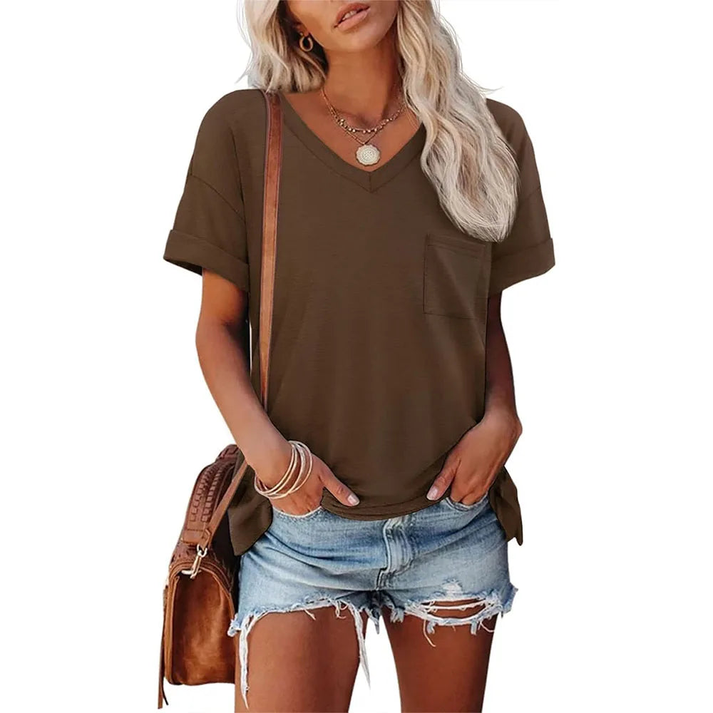 Womens T Shirts 2025 Short Sleeve V-Neck Shirts Cute Fit Summer Casual Tee Tops S-XXL