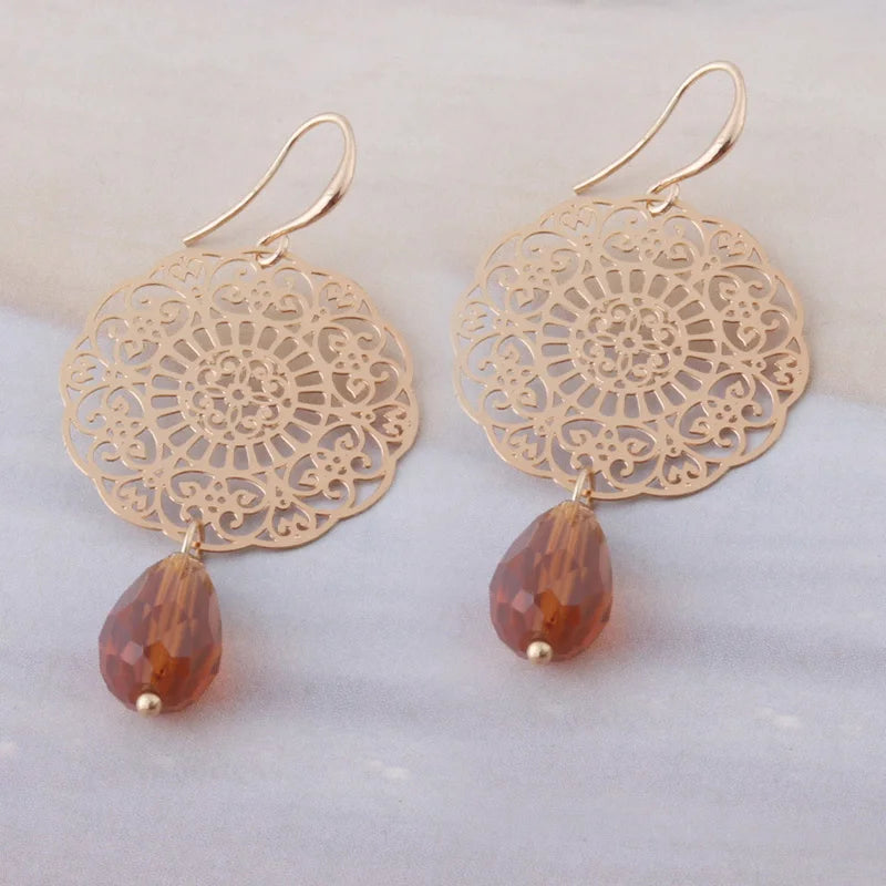 Drop Earrings Dangle Bohemian Metal Carving Hollow Pattern Crystal Water Charm 2023 New Hot Fashion Jewelry Accessories Brand Ms