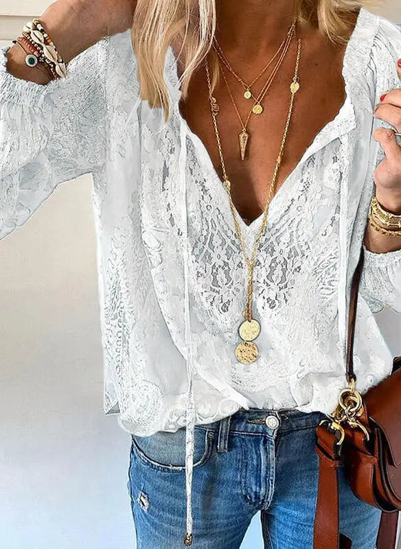 Women's Blouses Spring Summer Fashion Boho Lace Hollow Out Deep V Neck Pullover Shirt Women Elegant Casual Blouse Female Tops
