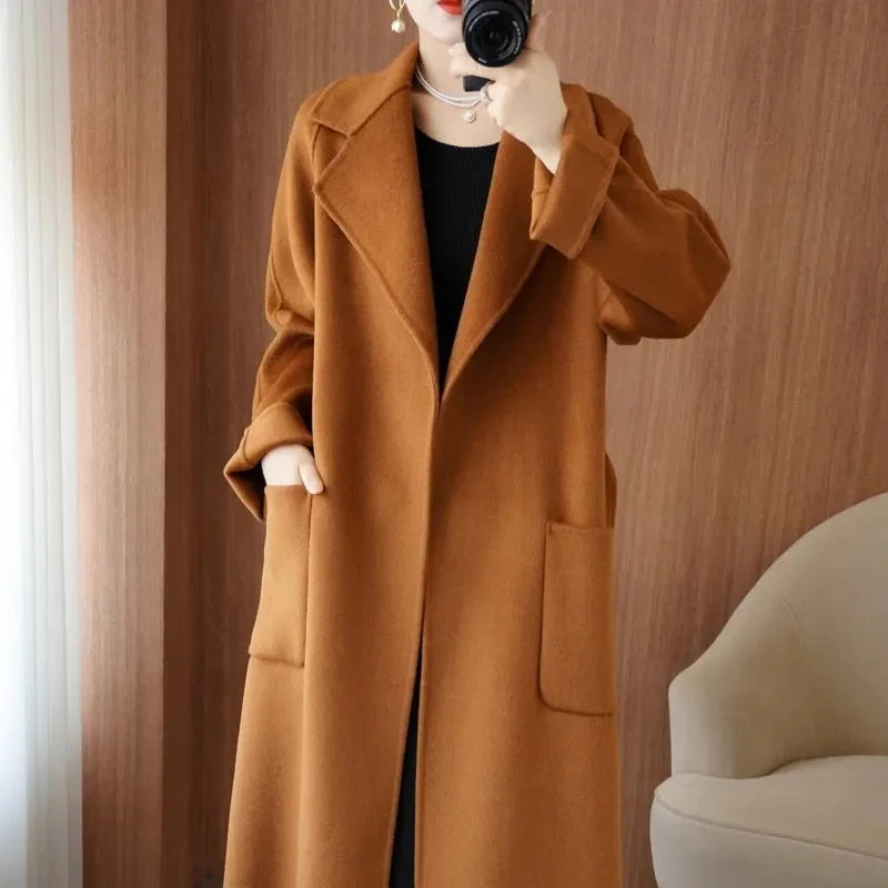 100% Wool Coat Women's Wear 2025 Autumn/Winter Fashion Temperament Double sided Cashmere Coats with Belt Elegant Long Overcoat