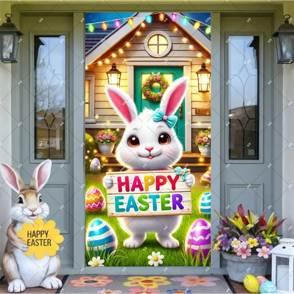Spring Easter Theme Charming Rabbit On The Toilet Grass Flower Eggs Door Banner Cover Backdrop Easter Festival Party Porch Decor