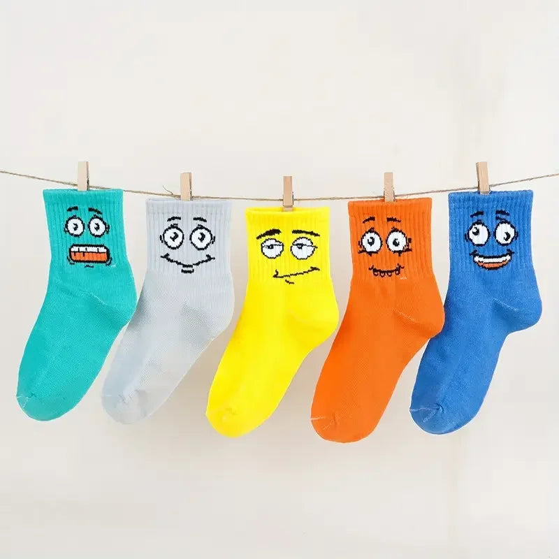 5 pairs of colorful children's socks with cute emoticons