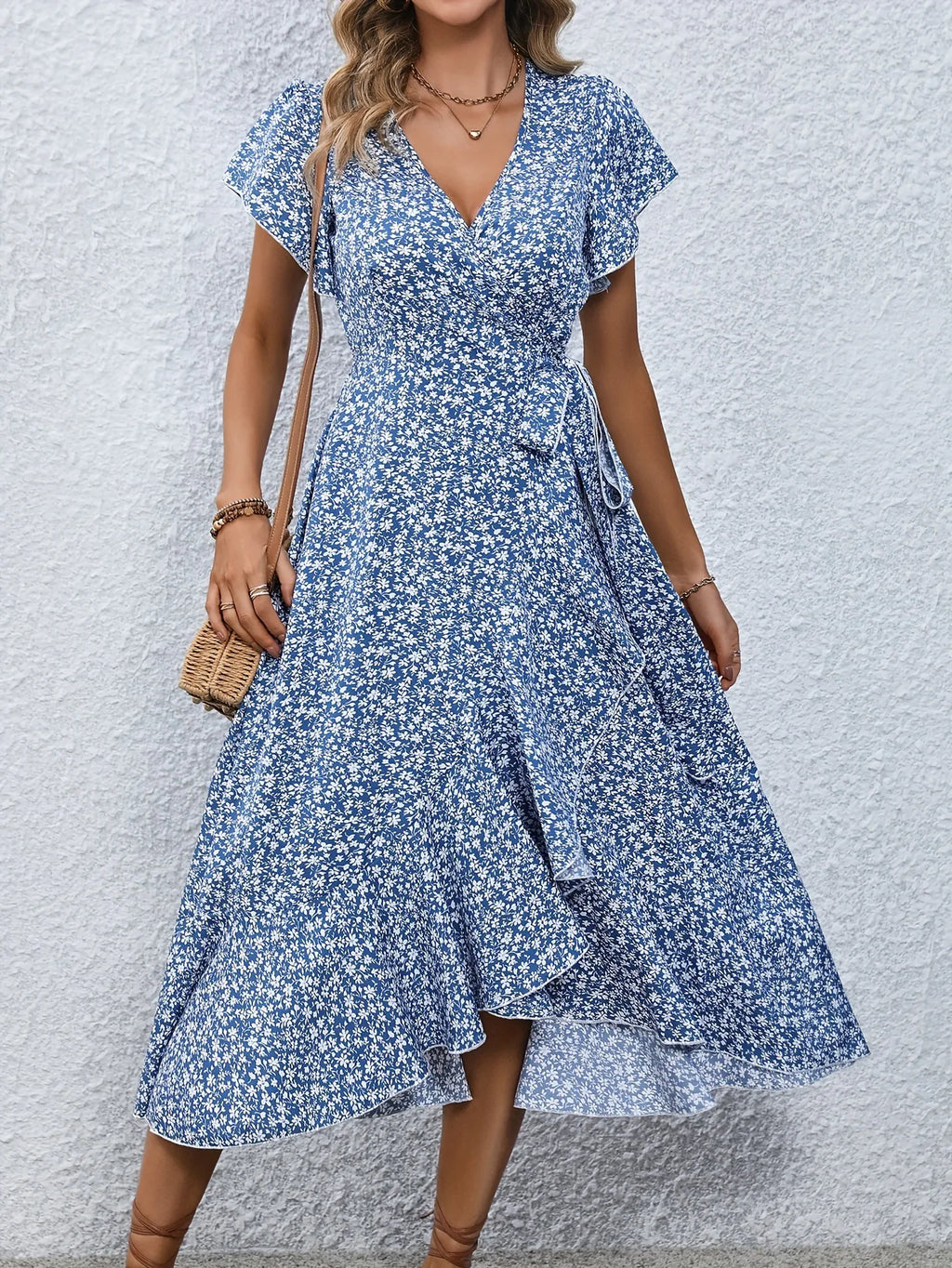 Summer Dresses for Women Sexy V Neck Short Sleeve Irregular High Waist Lace-up Flower Print Dress Casual Beach Dresses