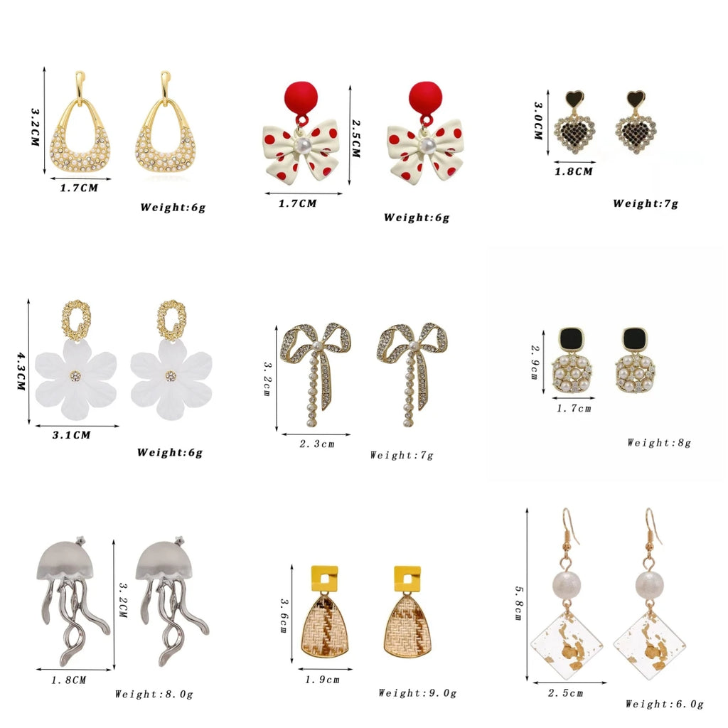 Drop Earrings for Women White Flower Heart Crystal Bow Round Circle Long Pearl Dangle Earrings Geometry Statement Jewelry Gift