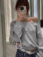 Women Hoodies Autumn Streetwear Off Shoulder Seductive Cropped All-match Sweatshirts Baggy Fashion Print Design Aesthetic Casual