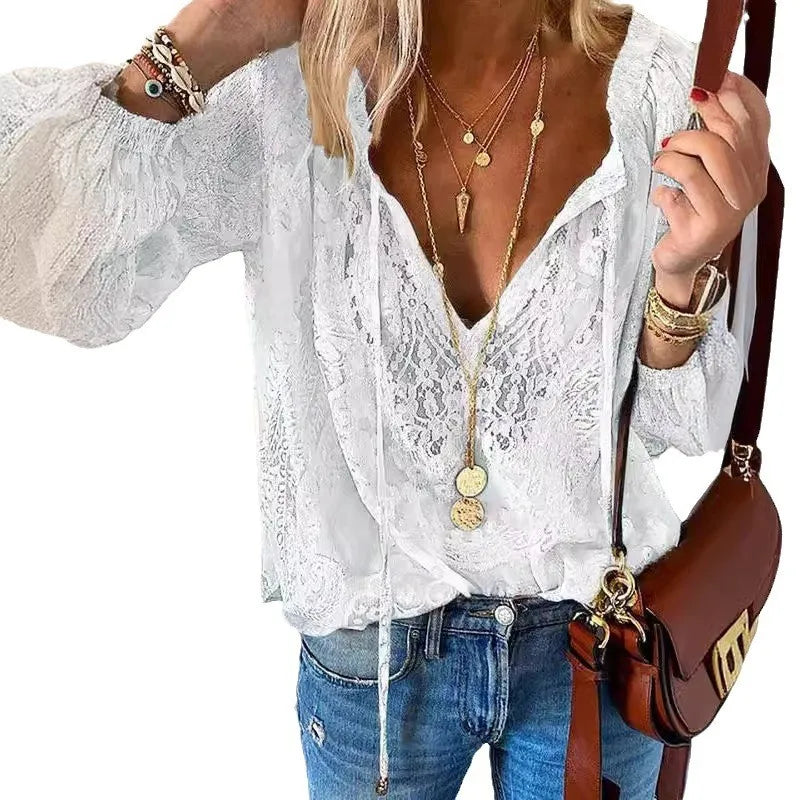 Women's Blouses Spring Summer Fashion Boho Lace Hollow Out Deep V Neck Pullover Shirt Women Elegant Casual Blouse Female Tops