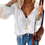 Women's Blouses Spring Summer Fashion Boho Lace Hollow Out Deep V Neck Pullover Shirt Women Elegant Casual Blouse Female Tops