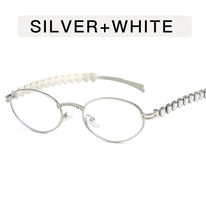 Fashion Eyeglasses Frames For Women Men Silver Oval Glasses Anti Blue Light Small Rhinestone Sunglasses With Metal Frame