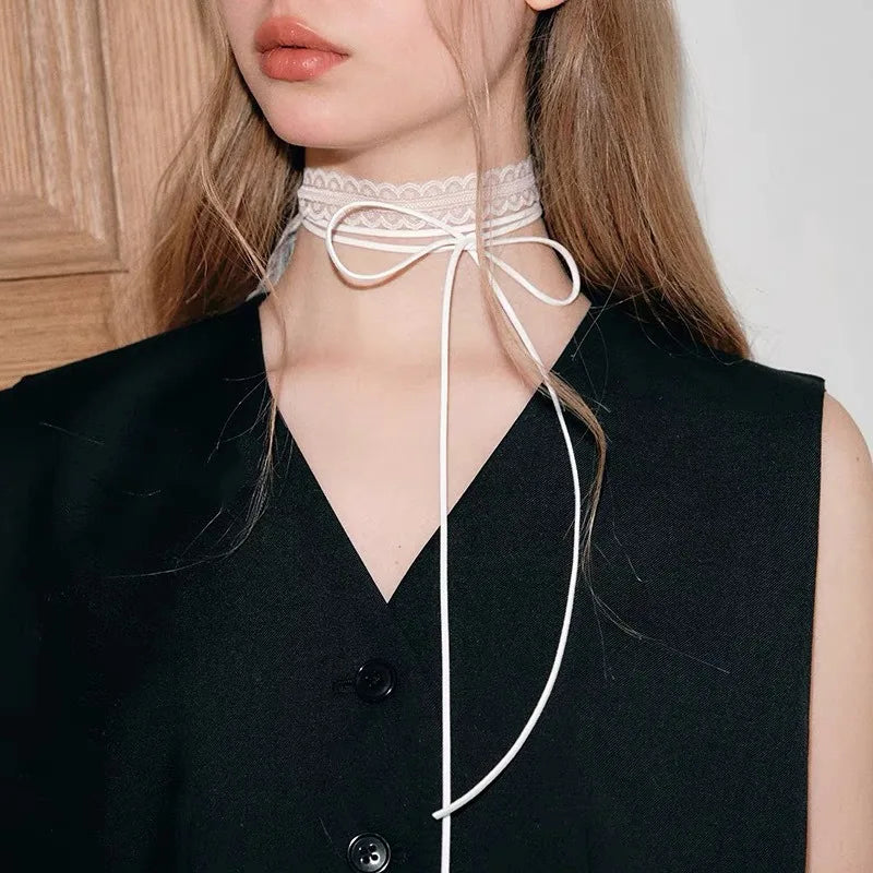 White Lace Necklace Verstile Long Ribbon Layered Clavicle Chain Choker for Girls Daily Wear Neck Decoration Jewelry