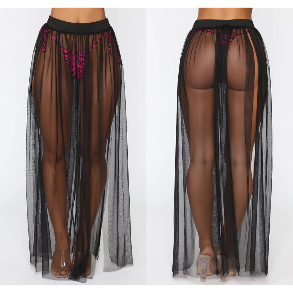 Women Summer Holiday Beachwear Cover Up Sexy See-Through Casual Beach Skirt Ladies Mesh Voile Transparent Long Skirt