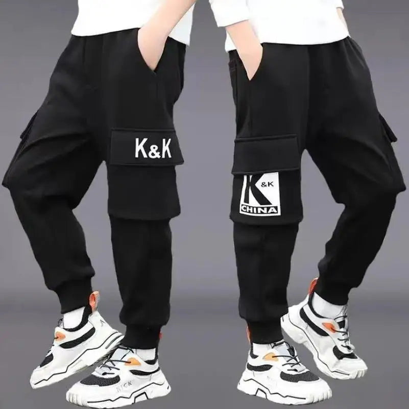 Children's Pants 2024 Boys' Spring Autumn Korean Edition Printed Letter Workwear Pants Middle aged Children's Sports Pants 3-12Y