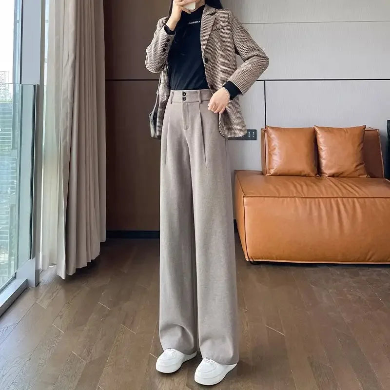 Female Trousers Office Autumn Winter Work Tailoring Women's Dress Pants Tweed Wide Leg High Waist Aesthetic Trends 2025 Harajuku