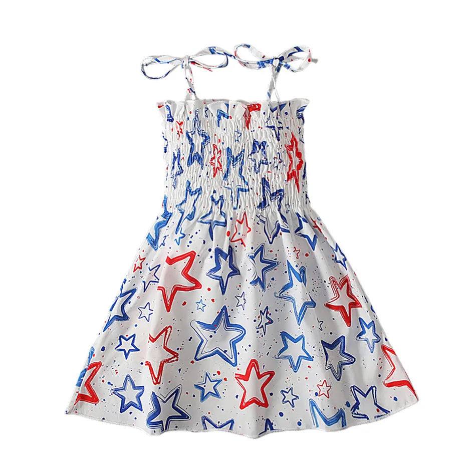 Charming 4th of July Summertime Girls Casual Dresses Sling Patriotic Pattern and Cartoon Printed Playful Butterflies and Stars