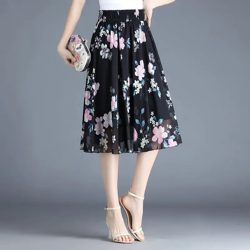 Skirts for Women Chiffon Woman Skirt Floral Midi Summer Casual New In Clothing Sales Modest Luxury Elegant High Quality V Cheap