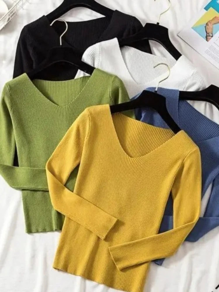 Women Sweater 2026 New Autumn Winter Long Sleeve Pullover Basic Top Fashion V-neck Elastic Female Winter Solid Knitted Jumper