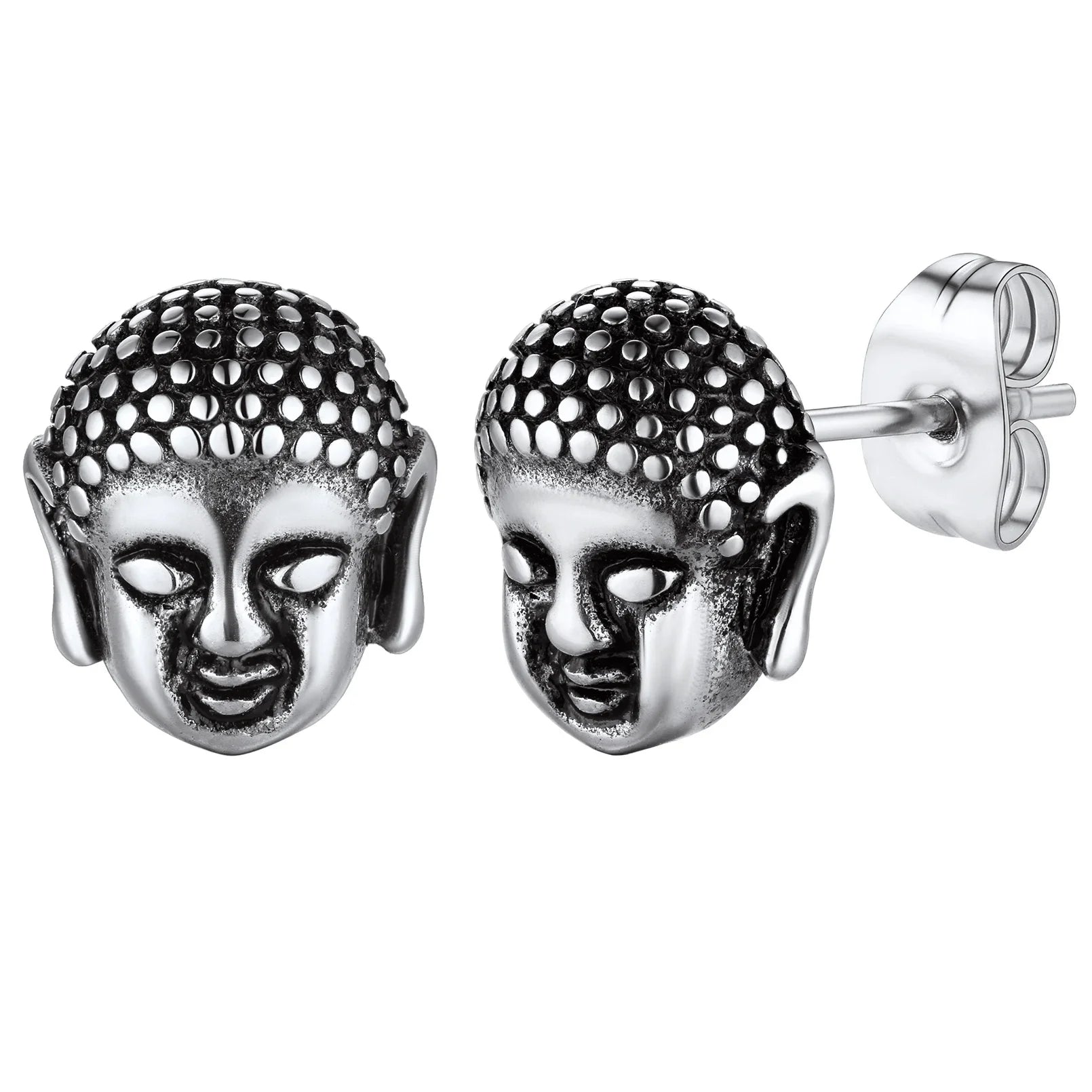 Stainless Steel Buddha head Stud Earrings for man woman Retro Vintage Style Buddhism Religious Unisex Jewelry