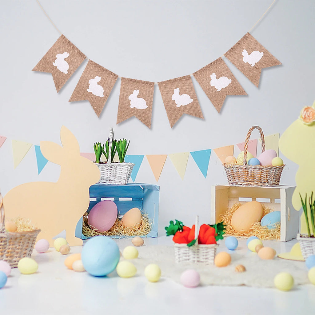Easter Cute Rabbit Jute Banner Garland Burlap Linen Flag 2025 Happy Easter Party Home Wall Hanging Decoration Supplies Kids Gift