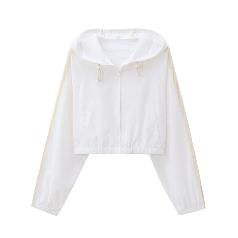Women's Jacket 2025 Autumn New Arrival White Long Sleeve Simple Style Nylon Short Sports Hooded Top Jacket Casual Fashion