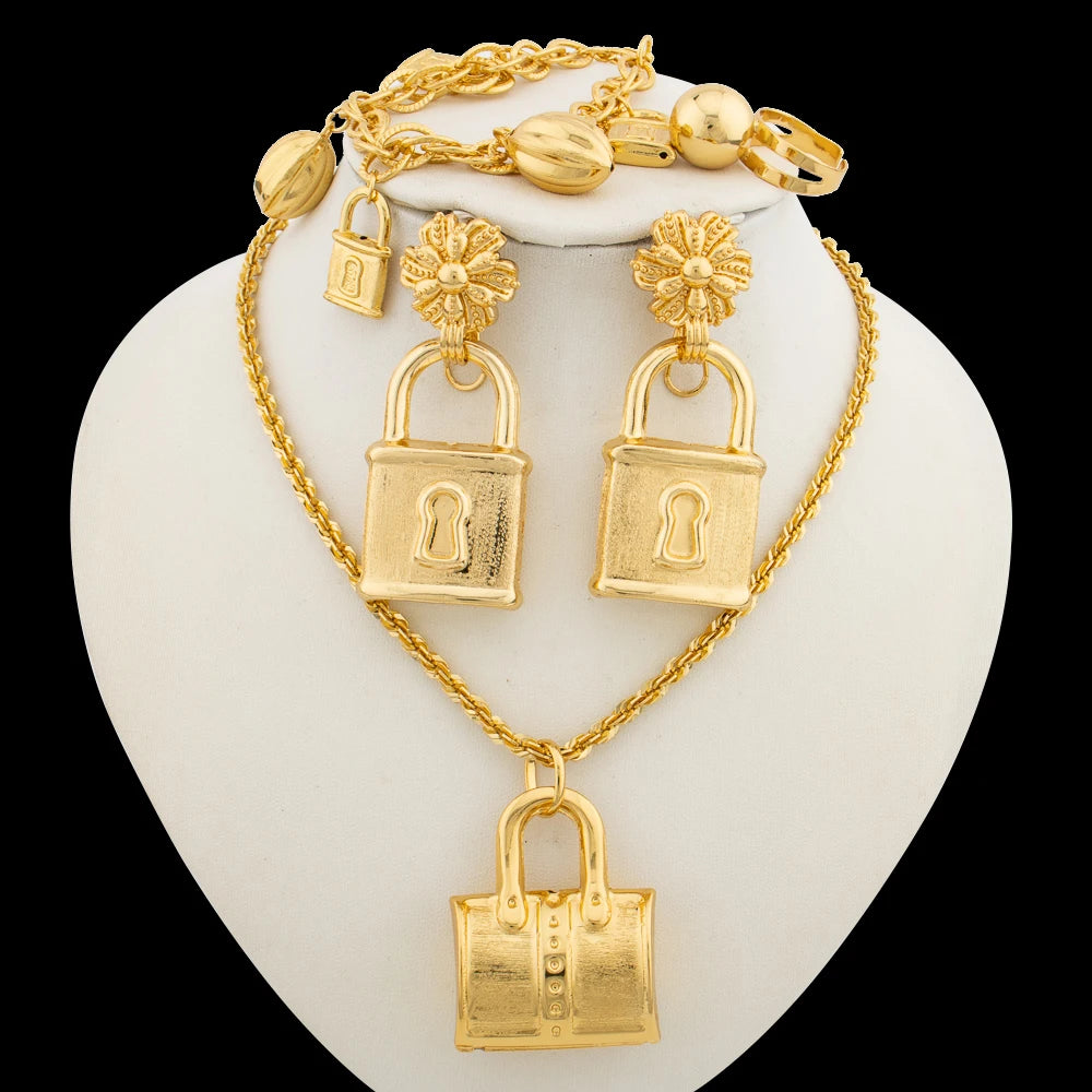 Women Fashion Jewelry Set for Party Classic Design Drop Earrings and Pendant Necklace Weddings Bridal Bracelet Ring Set Gifts