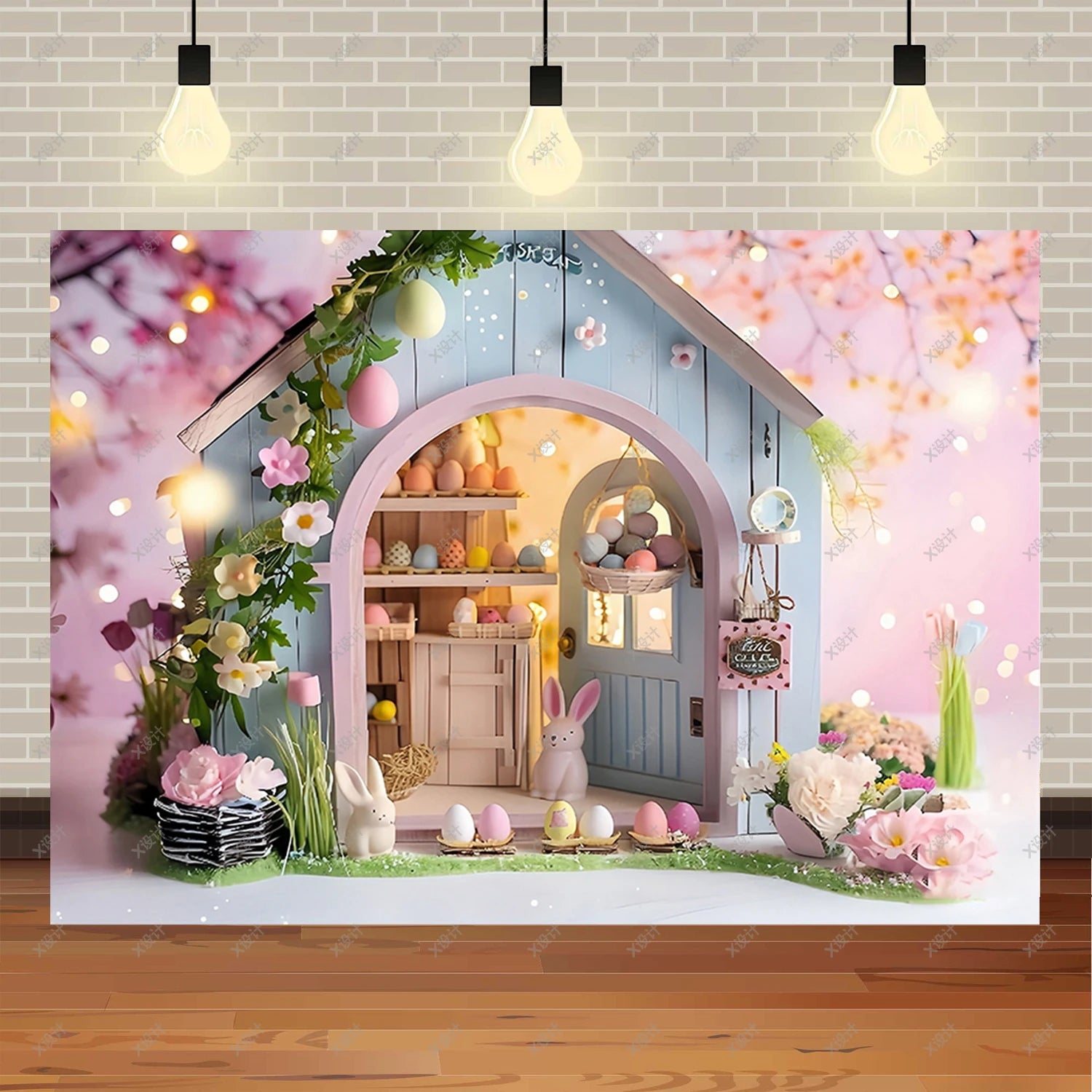 Easter Photography Background Party Decoration Spring Flowers Green Grass Wooden Door Rabbit Bunny Eggs Baby Portrait Photo Prop