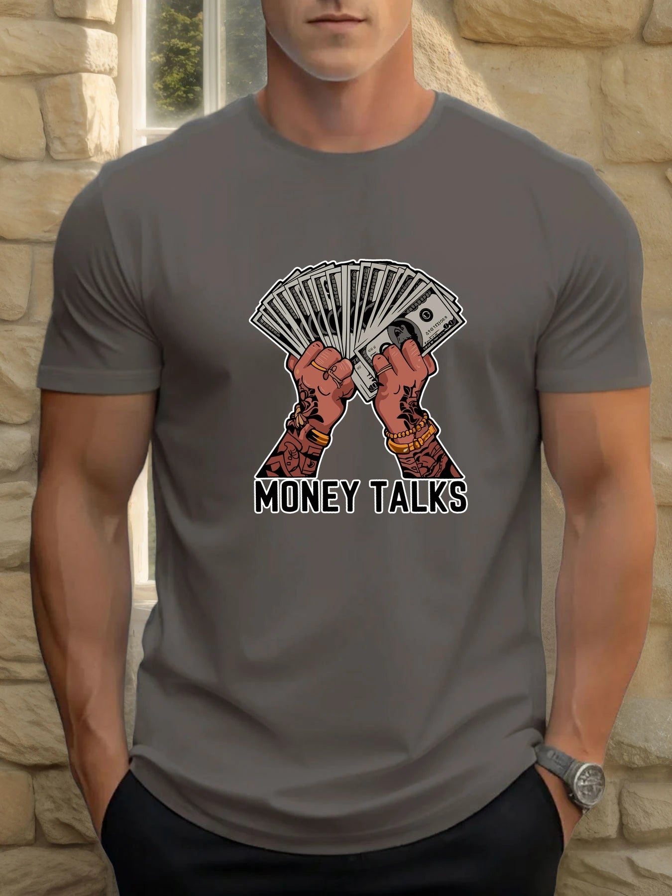 T Shirts For Man MONEY TALKS 100% Cotton Graphic Printing Summer Round Neck T-Shirt Casual Breathable Street Style Daily Top