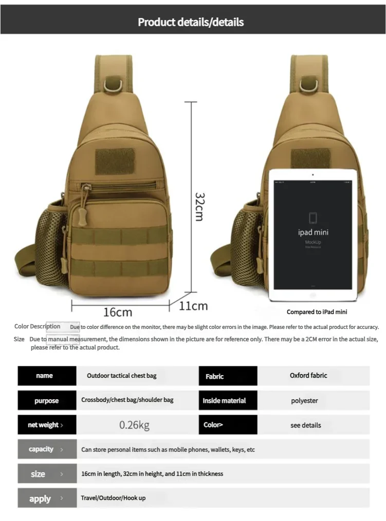 Crossbody bag, men's tactical Single shoulder chest bags, daily bag, travel sports, off-road running, hiking Мужская сумка bolsa