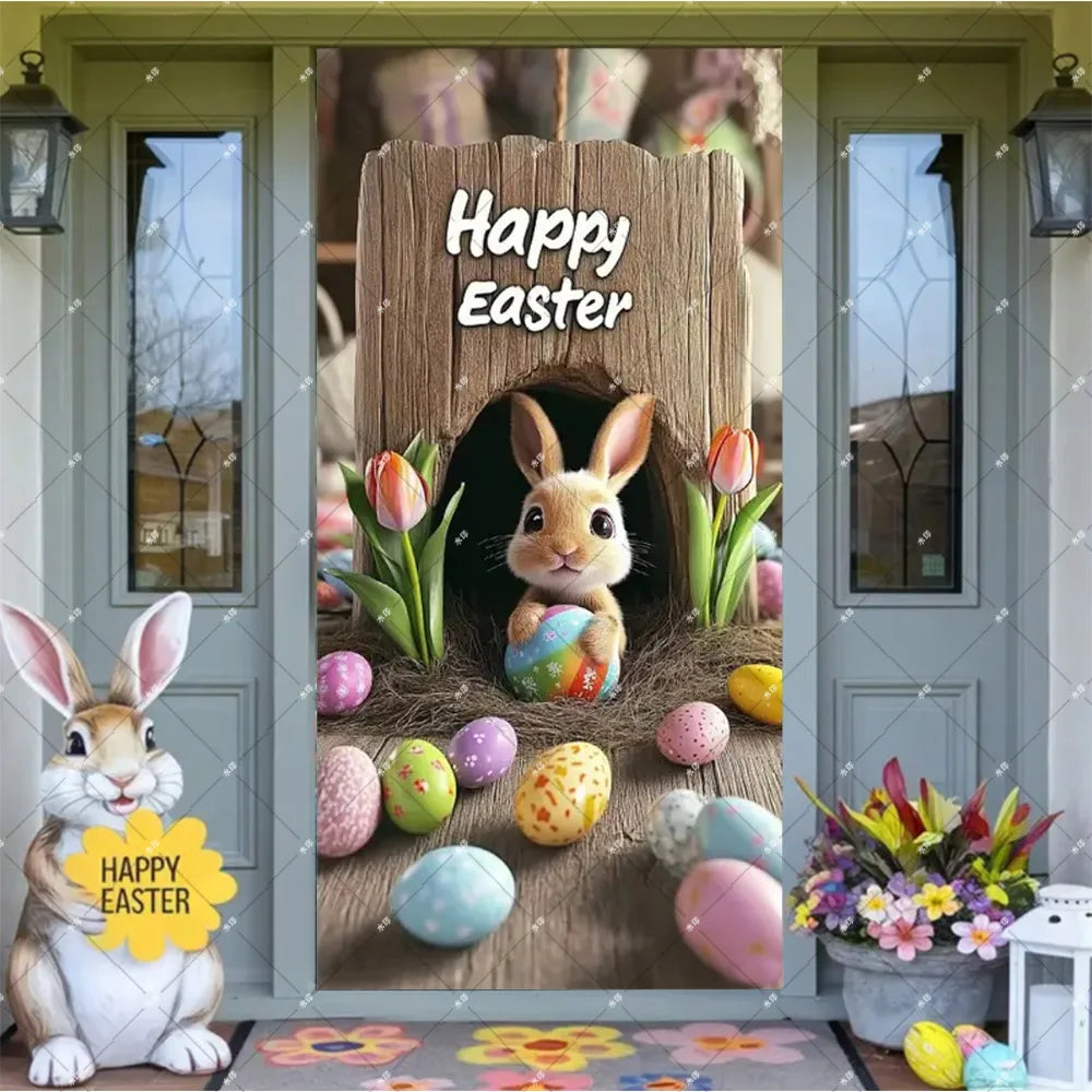 Spring Easter Theme Charming Rabbit On The Toilet Grass Flower Eggs Door Banner Cover Backdrop Easter Festival Party Porch Decor