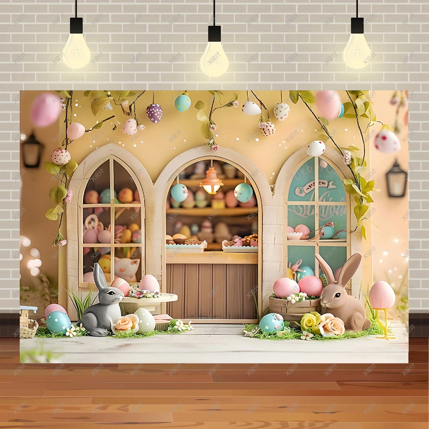 Easter Photography Background Party Decoration Spring Flowers Green Grass Wooden Door Rabbit Bunny Eggs Baby Portrait Photo Prop