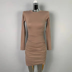 women's dresses 2025 Spring  Autumn Casual Fitting Slim Plain Ruched Long Sleeve Crew Neck Mini Bodycon High Street Dress