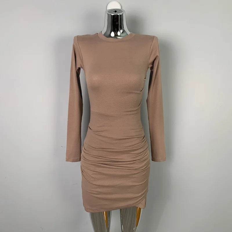women's dresses 2025 Spring  Autumn Casual Fitting Slim Plain Ruched Long Sleeve Crew Neck Mini Bodycon High Street Dress