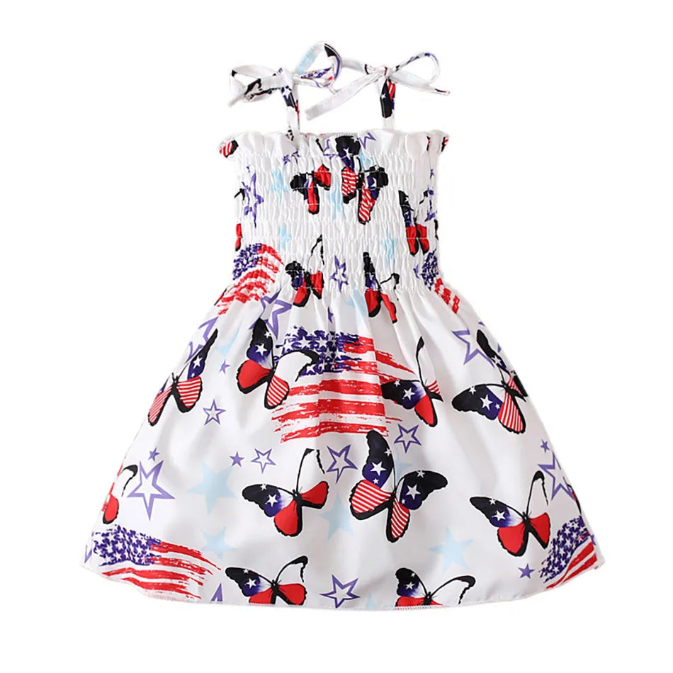 Charming 4th of July Summertime Girls Casual Dresses Sling Patriotic Pattern and Cartoon Printed Playful Butterflies and Stars
