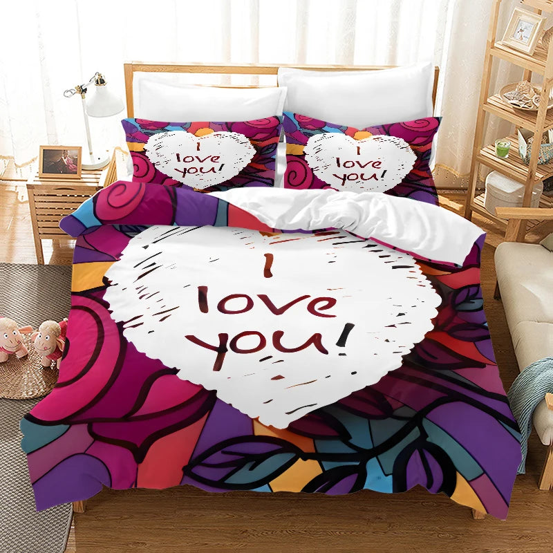Valentine's Day I Love  style Digital Printed Duvet Set - Polyester - Bedroom Decor -1 bed cover +2 pillowcases (no pillow core)