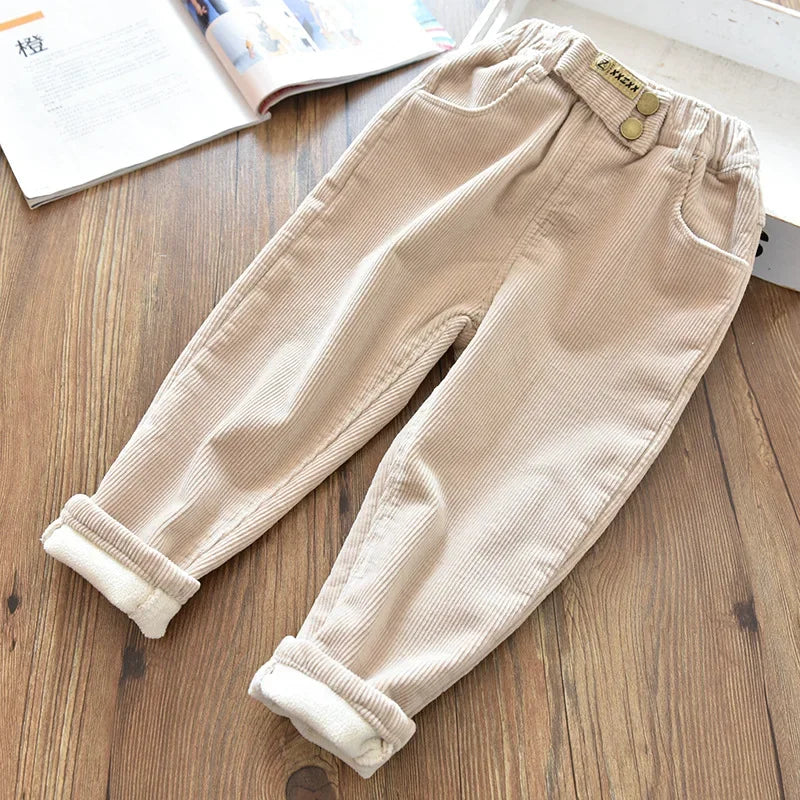Children's Pants Autumn winter Fleece Padded Trousers for Girls Solid Thickened Corduroy Pants Casual Loose Boys Pants