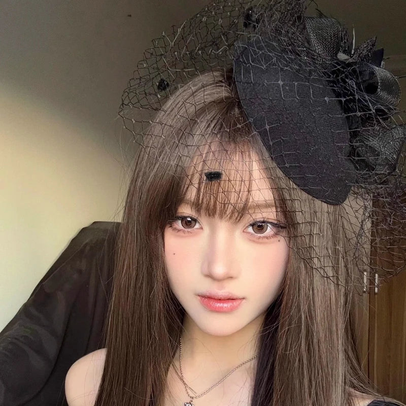 Gothic Subcultur Lace Bow Veil Small Fedoras Hats for Women Harajuku Lolita Feather Floral Fascinator Headband Hat Accessories